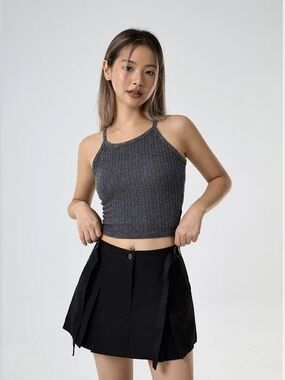 Earthbound Ribbed Charcoal Gray Halter Yoga Pilates Crop Top Soft Stretchy Cute